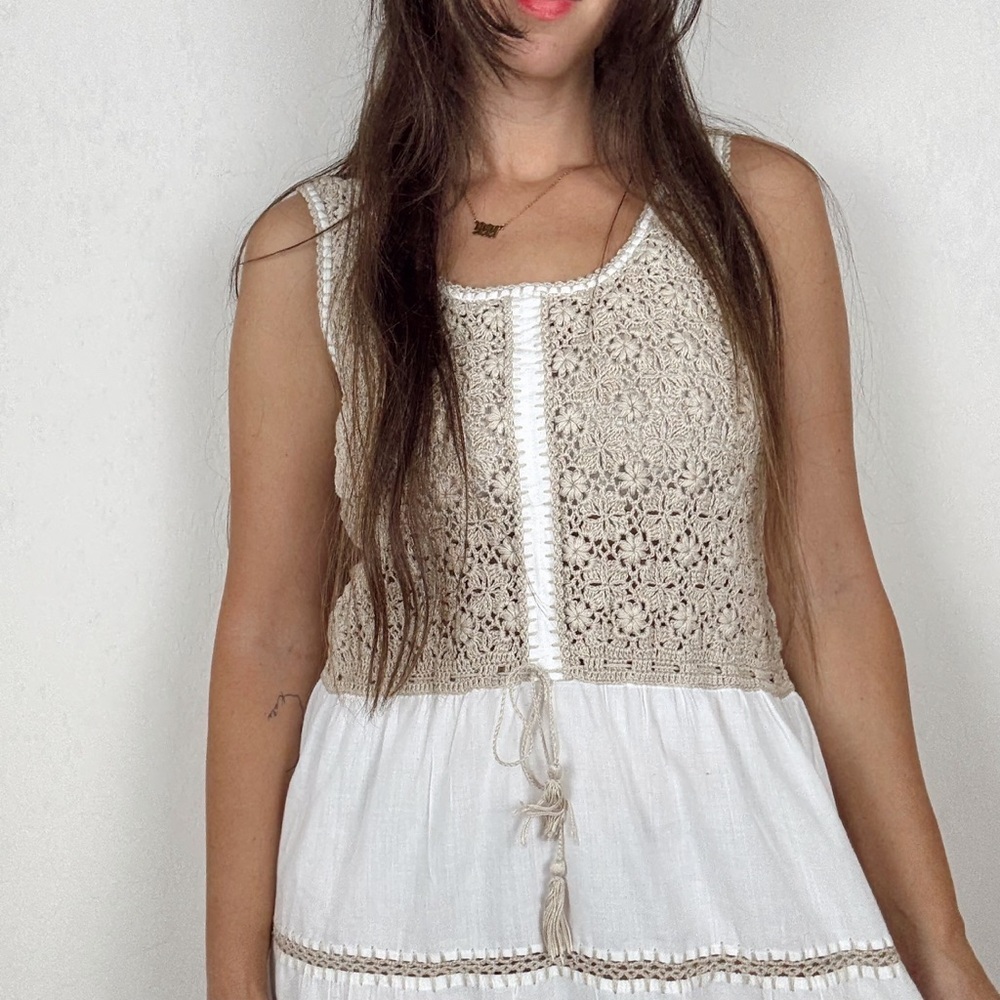 1970S Vintage BROWN & CREAM CROCHET Embroidered MIDI DRESS - Picture 4 of 13